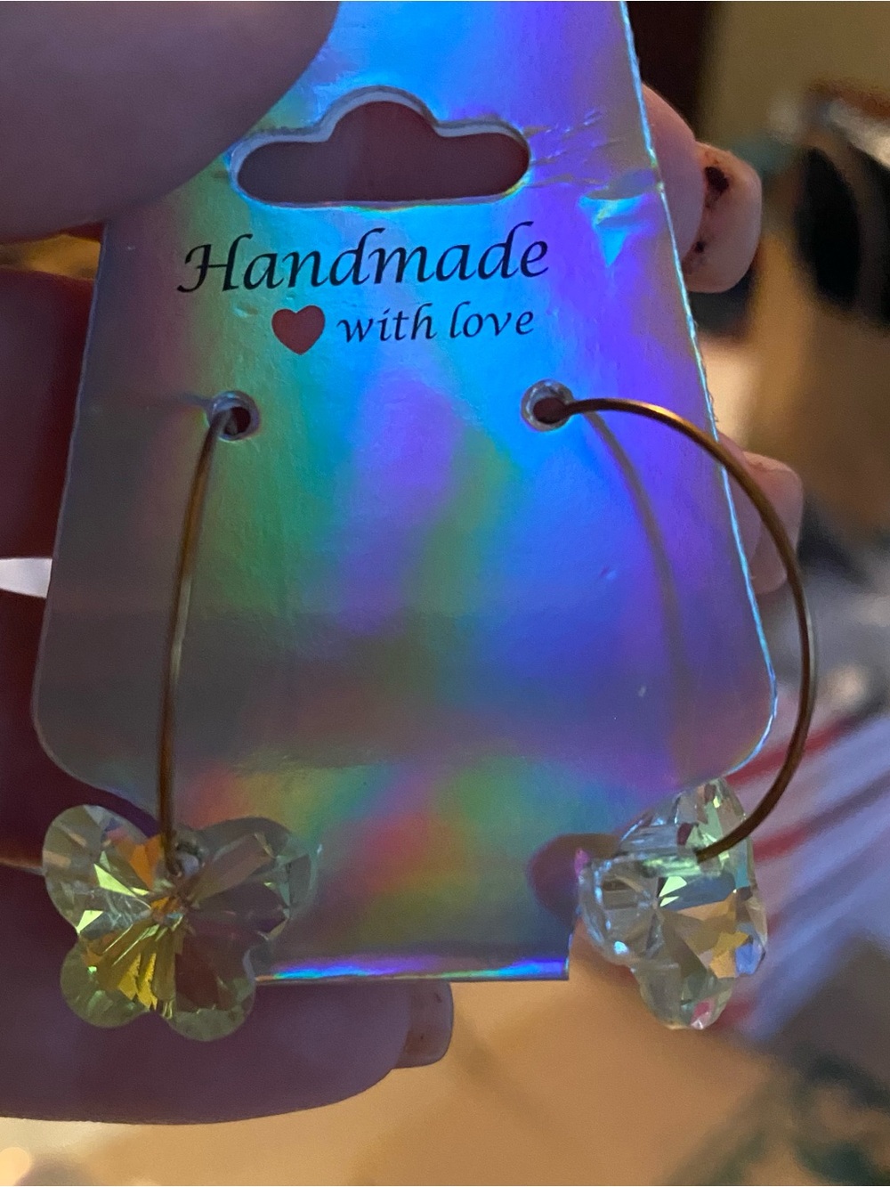 Handmade Gold Hoop Earrings with Clear Crystal Butterfly Charms